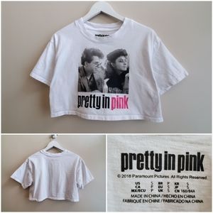 Pretty in pink cropped T shirt, white with print, small size